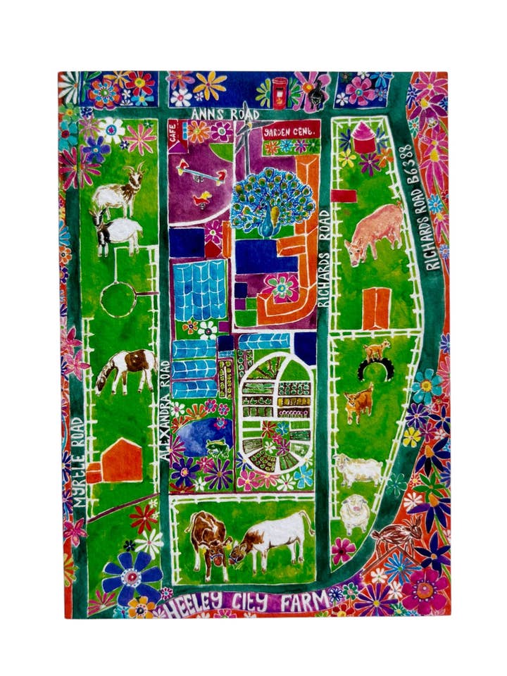 Heeley city farm Sheffield A6 hand painted greetings card for wholesale by Au Faye