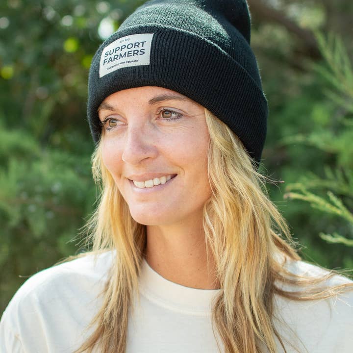 Black ‘Support Farmers’ Beanie for wholesale on Faire2