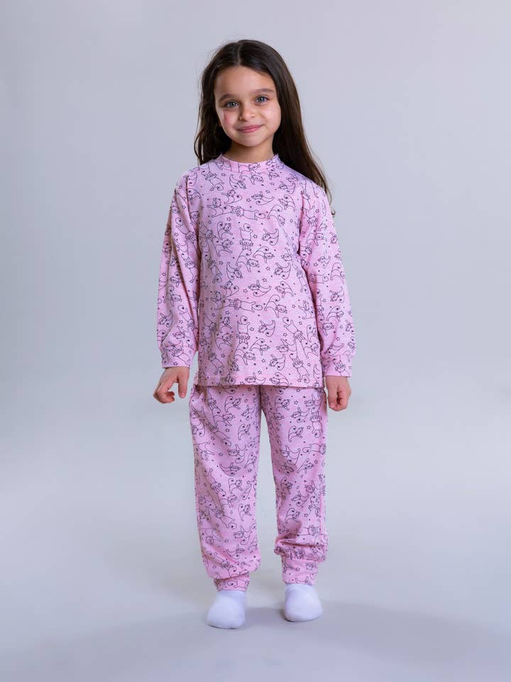 Mädchen-Pyjama-Set mit Katzenmotiv – Rosa für den Großhandel von Pear