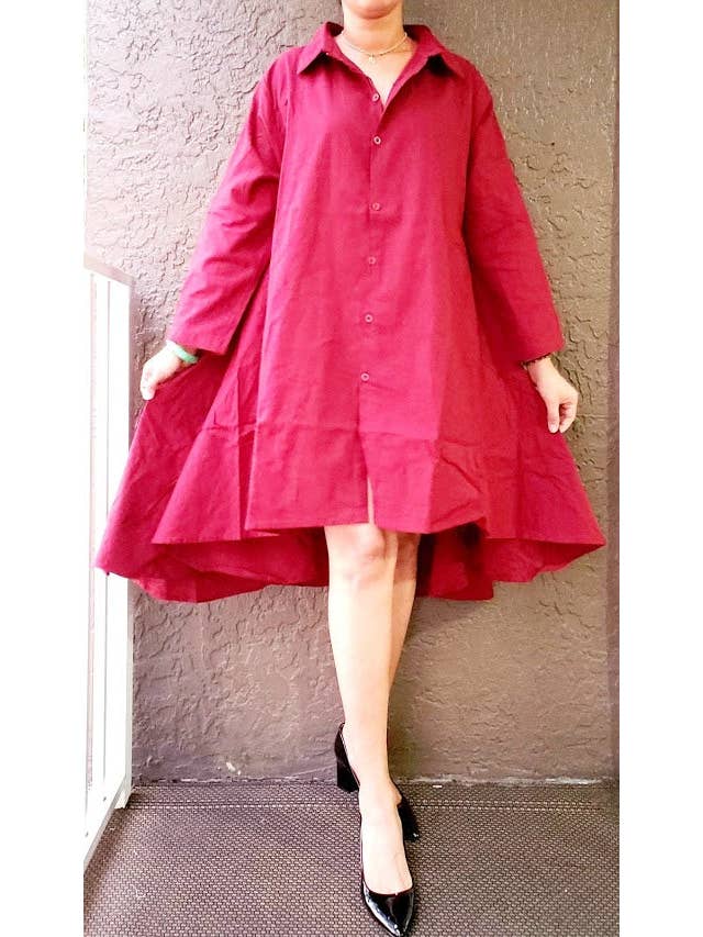 India Batik - Wholesale Dress - Women's - #7042 Women Button Down Shirt/ Dress - Burgundy