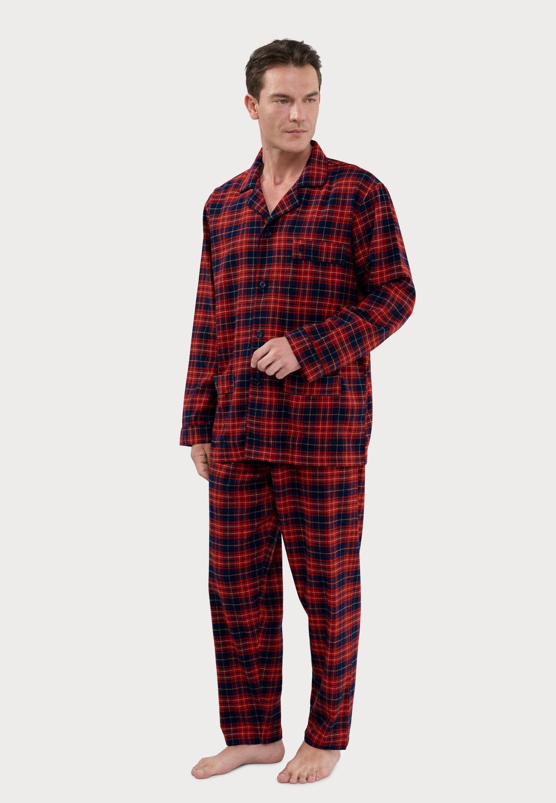 Men's Long Lapel Pajamas Cotton Flannel - Red 2820 for wholesale on Faire1
