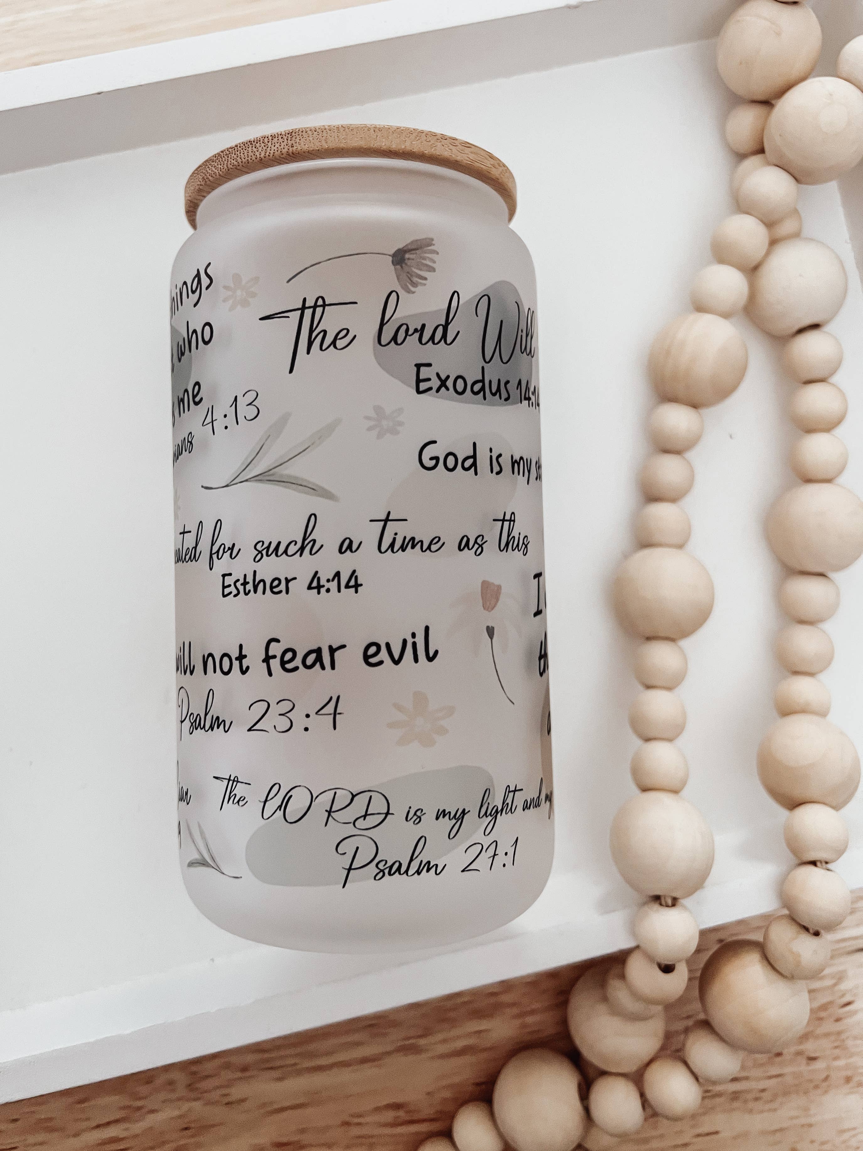 Emma K Designs - Wholesale Drinking Glass/Cup - Christian Affirmation 16oz Glass Cup with Bamboo Lid1