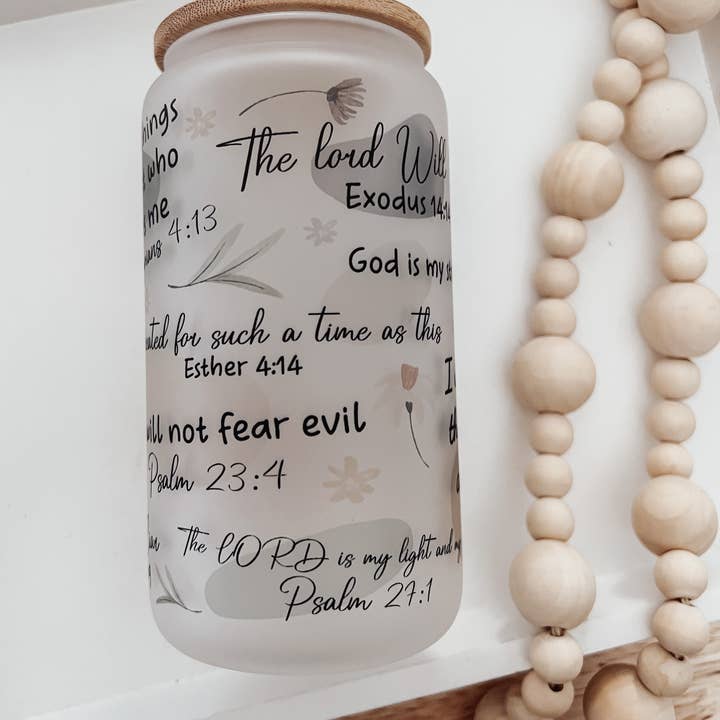 Emma K Designs - Wholesale Drinking Glass/Cup - Christian Affirmation 16oz Glass Cup with Bamboo Lid1