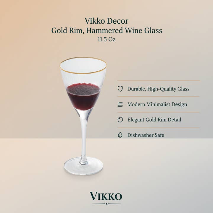 Kadra Kitchenware - Wholesale Wine Glass - Vikko Decor - Gold Rim, Hammered Wine Glass, 11.5 Oz2
