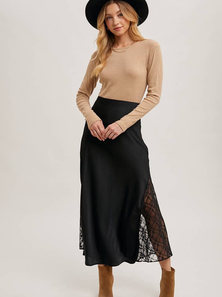 Bluivy – wholesale Skirt – Women’s – LACE TRIMMED MID-RISE SATIN MIDI SKIRT32