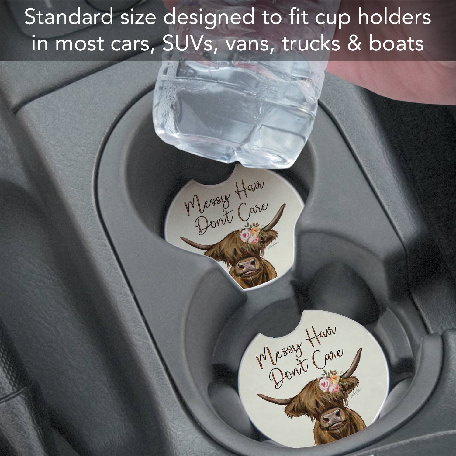 CounterArt/Highland Home/Thirstystone - Wholesale Car Coaster - Women's - "Messy Hair Cow" Absorbent Stone Car Coaster 1pk3