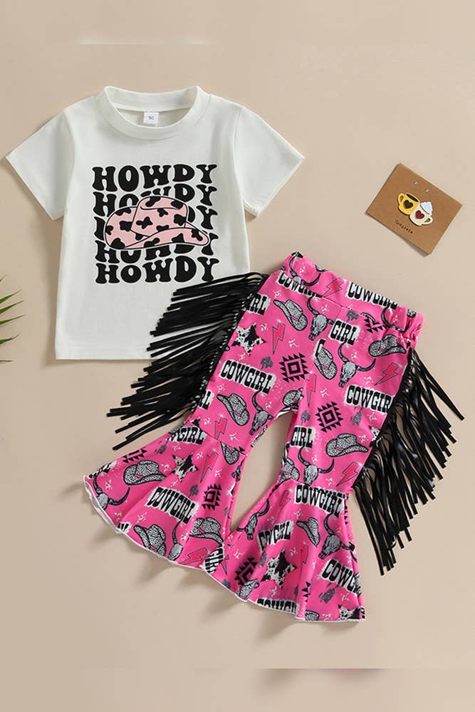 UNISHE - Vente Ensemble haut et pantalon – enfant - Ensemble de 2 pantalons et hauts évasés à pompons pour enfants BDR0094