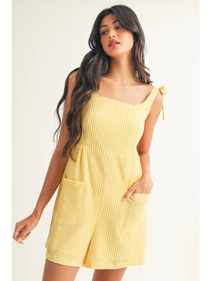 Yellow LDC Stripe Shoulder Tie Smocked Back Wide Leg Casual Romper for wholesale on Faire