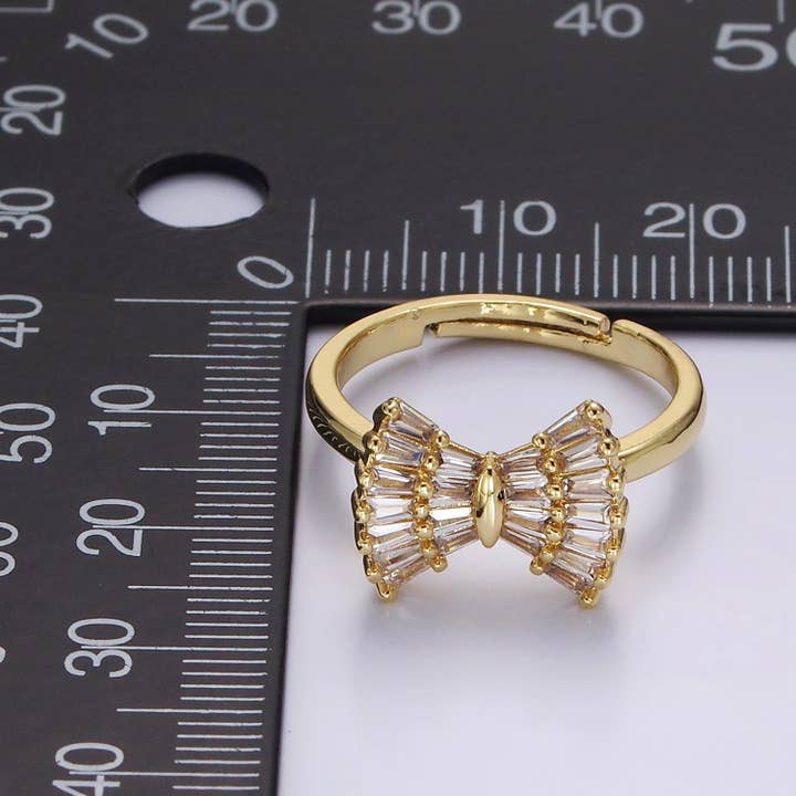 Aim Eternal - Wholesale Multi-Stone Ring - 14K Gold Filled Clear CZ Baguette Bow Ribbon Adjustable Ring | O10842