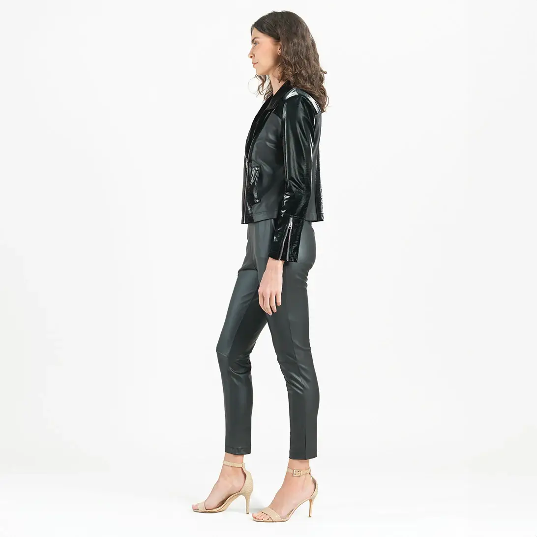 Clara Sunwoo - Wholesale Leather Jacket - Women's - JK225H -Vinyl, Liquid Leather ™ Panel Zip Cuff Pocket Jacket11