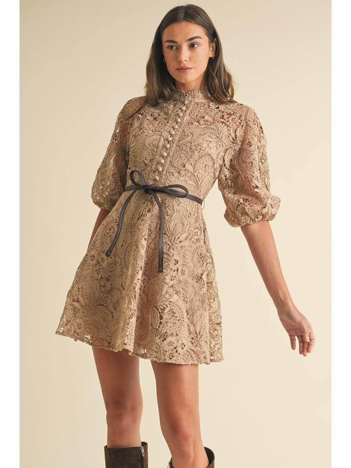 Beige Crochet Lace VIctorian style Mini Dress for wholesale on Faire
