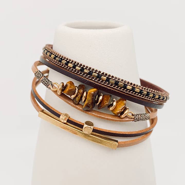 Mio Queena - Wholesale Woven/Braided Bracelet - Bohemian Natural Gravel & Leather WovenBracelet - BJ/LB