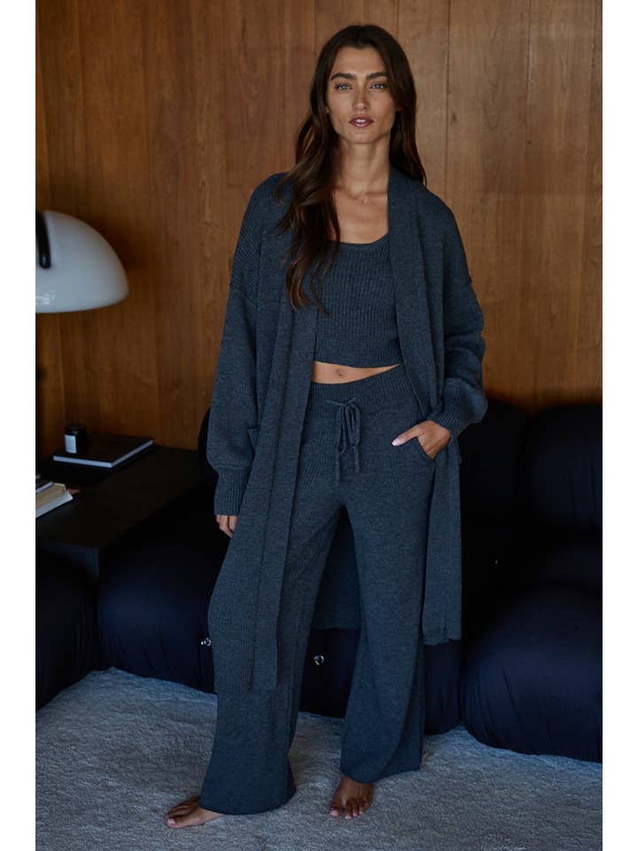 Charcoal W2242T2 | Knit Ribbed Open Front Long Sleeve Duster Cardigan for wholesale on Faire