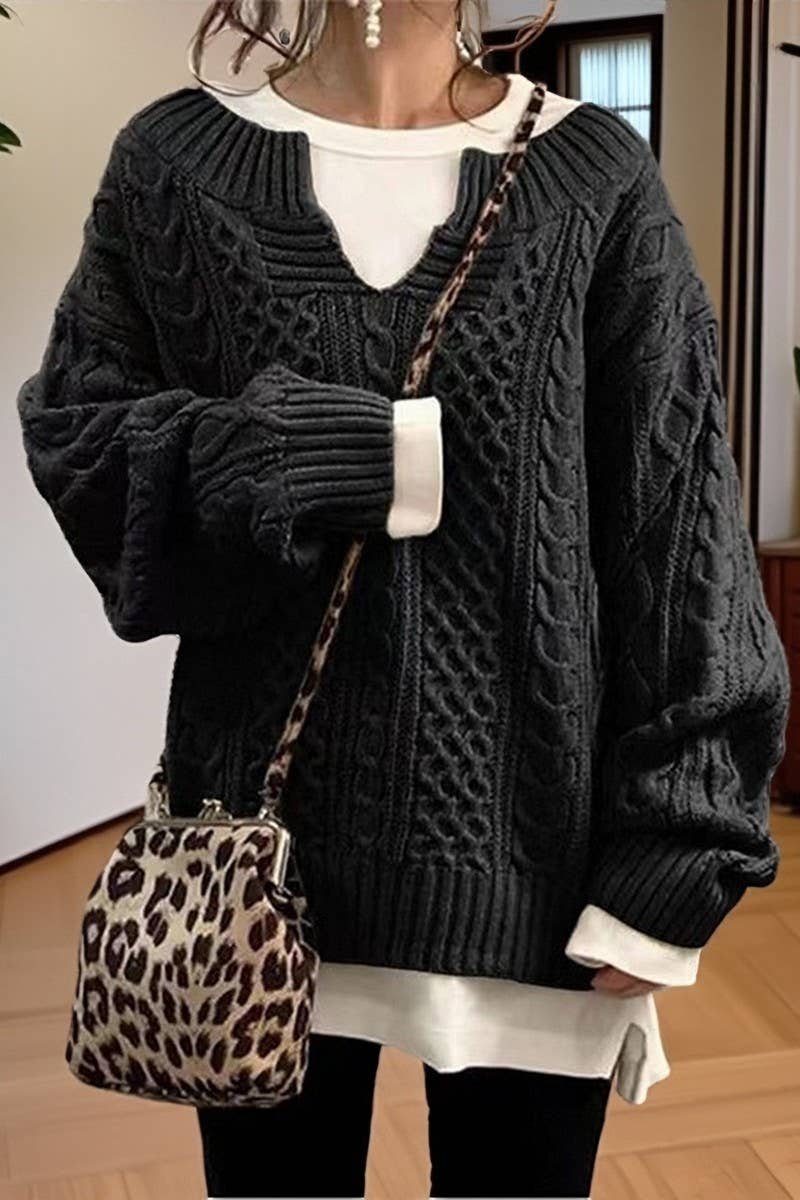 NINEXIS - Wholesale Knit Sweater - Women's - CWOSWL07652_SOLID COLOR LOOSE LONG-SLEEVED CABLE SWEATER9