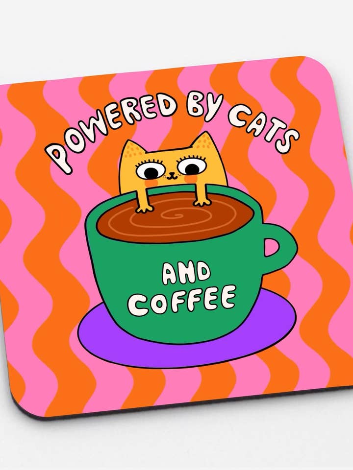Cats and Coffee Coaster - Cat Art Drinkware Gift for wholesale by The Paper Tail