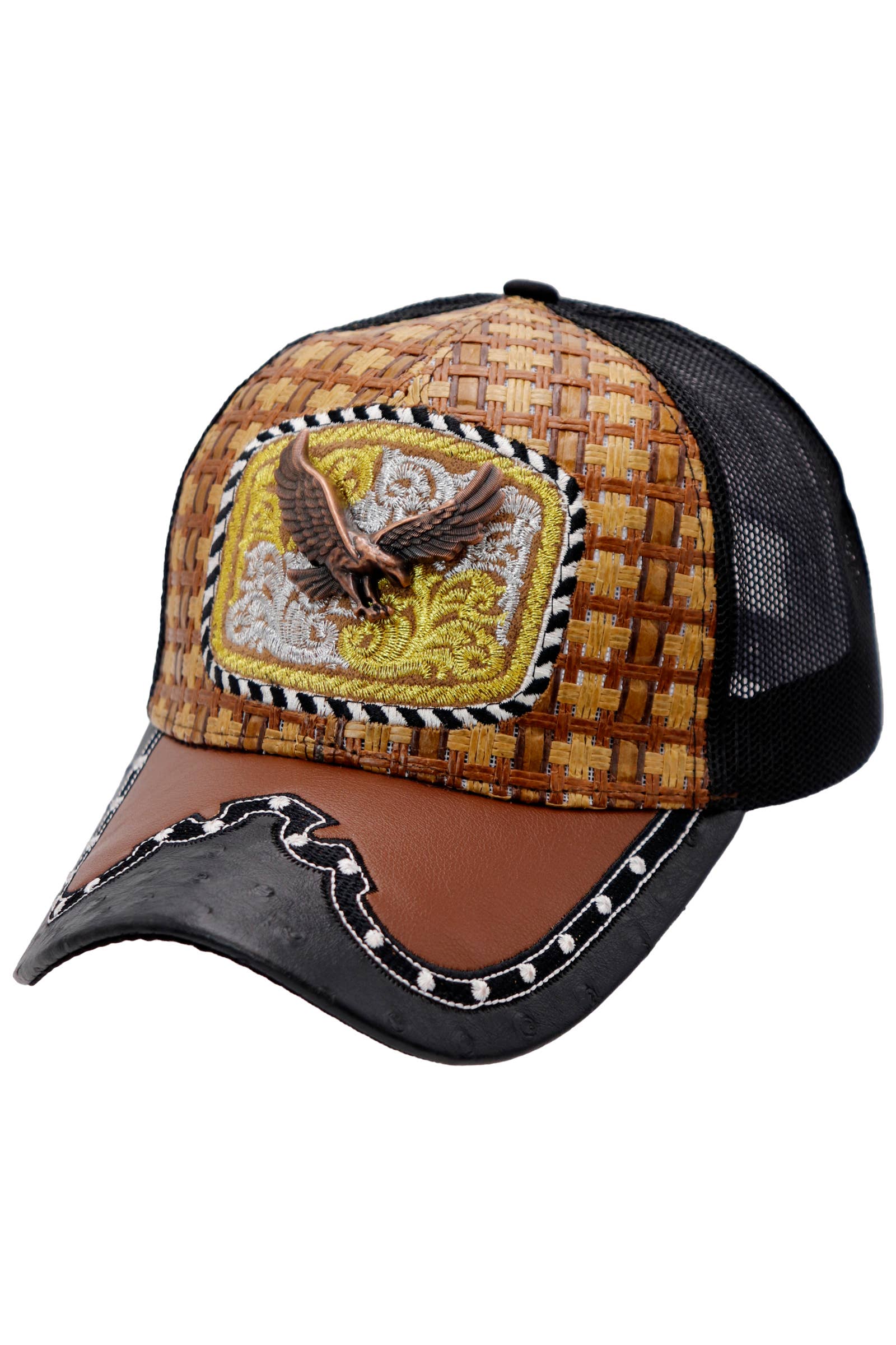 Cap Zone – Engroshandel Trucker hat - Unisex – Bronzed Emblem Vegansk Læder Strå Mesh Charro Kasket7