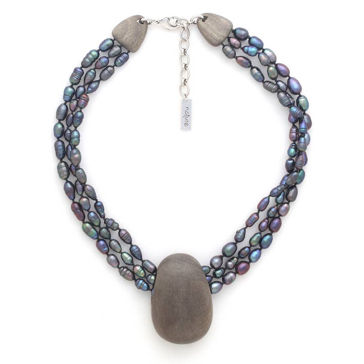 Nature Bijoux - Wholesale Bib necklace - PEBBLE BEACH three-strand ebony pebble necklace