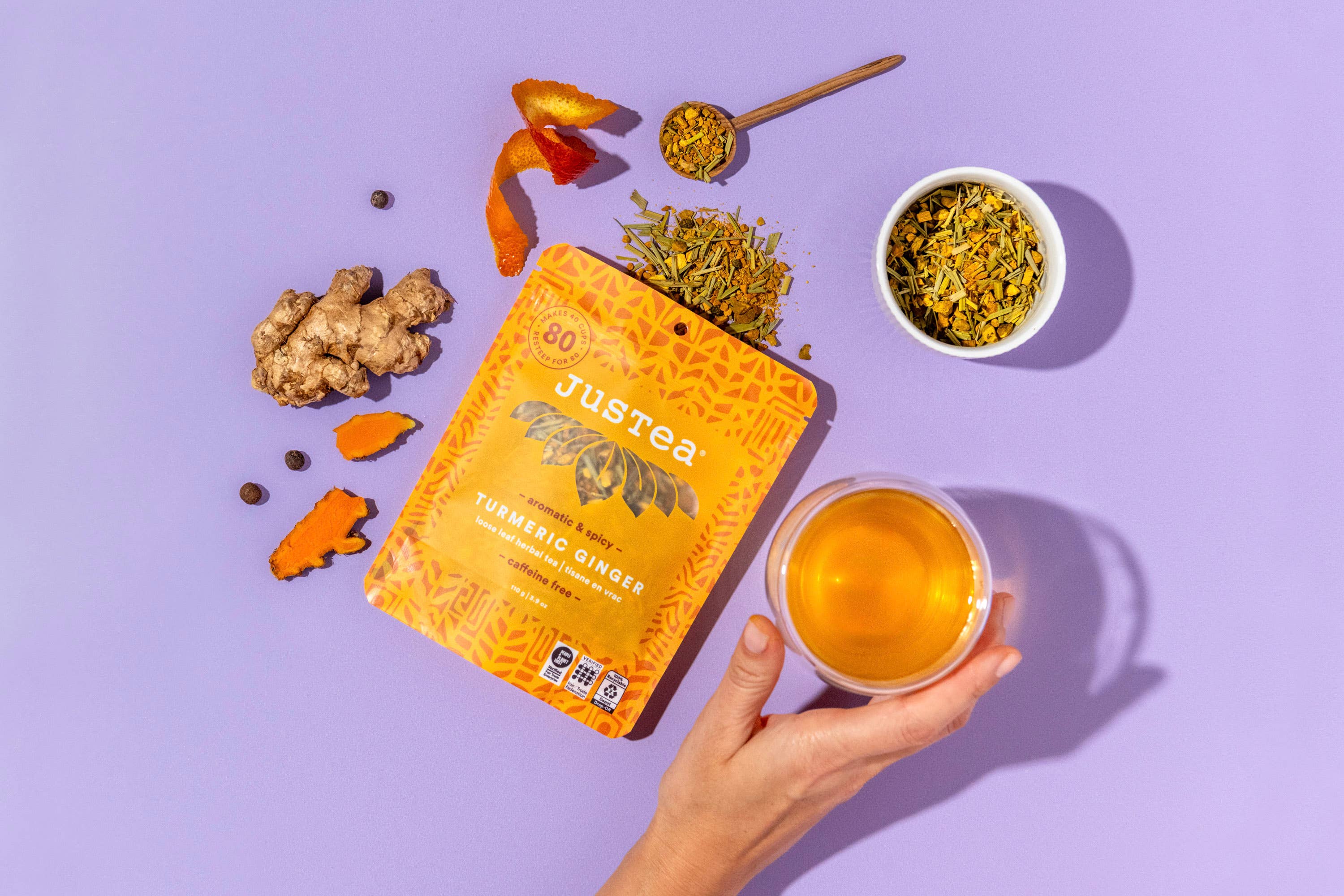 JusTea (No Import Fees to USA) - Wholesale Loose Tea - Turmeric Ginger Stand-up Pouch - Fair-Trade Herbal Tea4