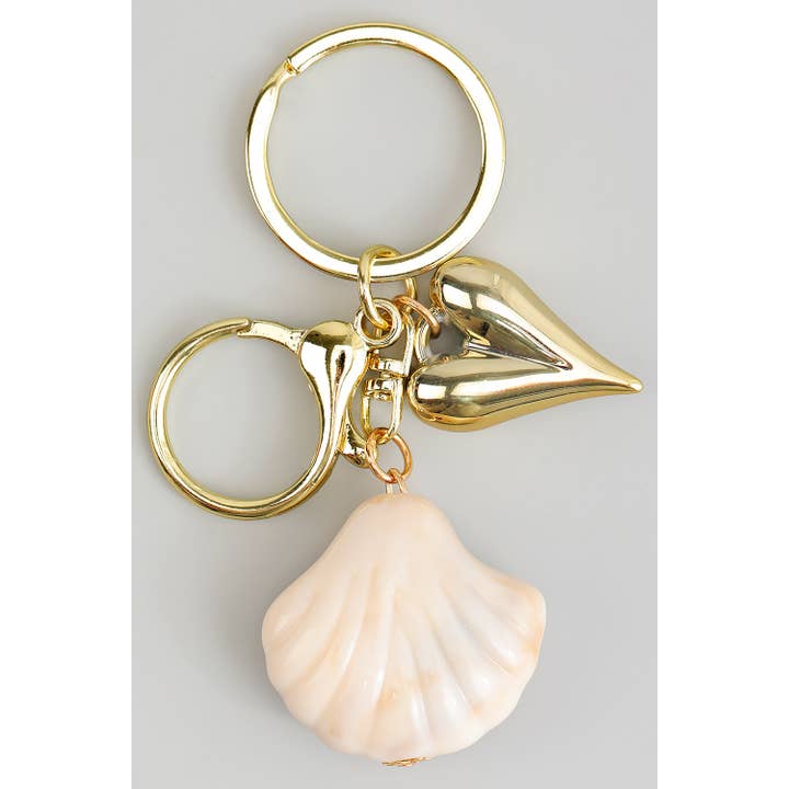 STONE SHELL AND HEART BAG CHARM KEYCHAIN for wholesale by Girly
