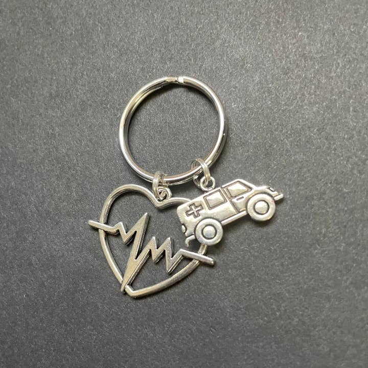 Alisha Goes Crafty - Wholesale Keychain - Unisex - Ambulance Charm & Heart W/ Heart Rhythm Key Chain, EMT3
