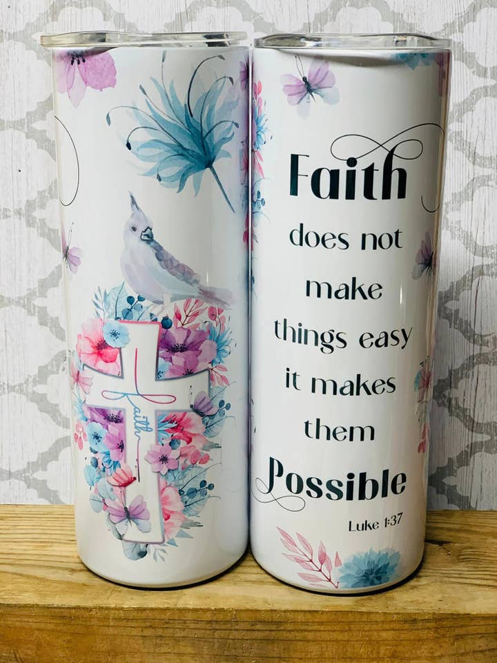 Gobelet mince en acier inoxydable Faith Luke 1:37 de 20 oz pour la vente par Indigo Sky Mercantile