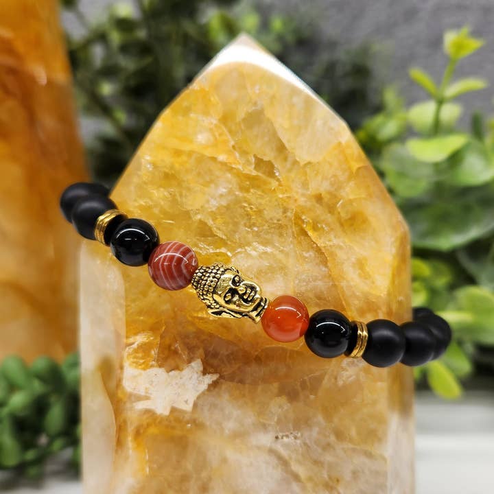Meraki Gemstones – wholesale Beaded bracelet – Buddha Bead with Carnelian & Black Obsidian Matte-8mm Bead2