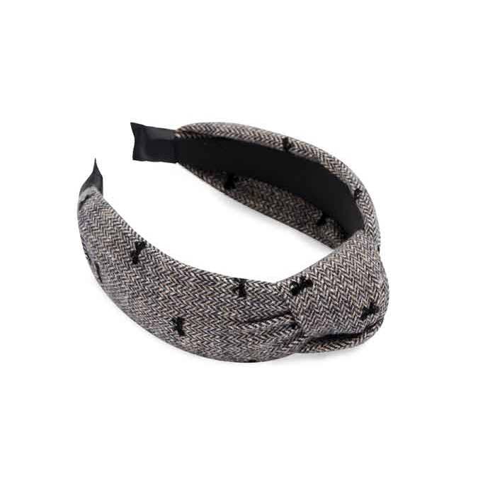 TWEED BOW HEADBAND,CHARCOAL for wholesale by Shiraleah