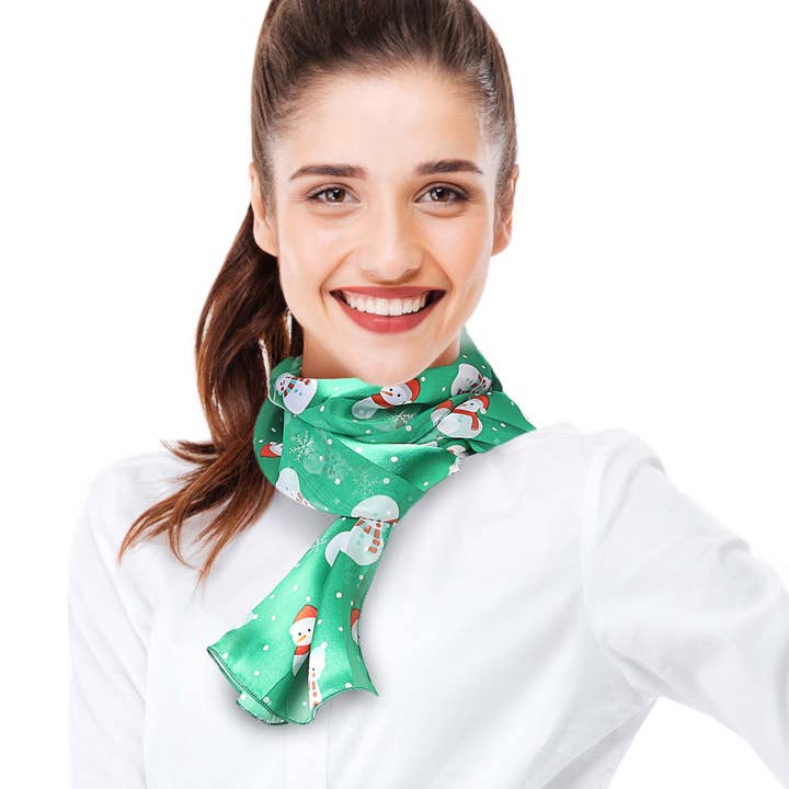 Cube Enterprise - Wholesale Scarf - Women's - Snowflakes & Snowman Winter Theme Scarf - Silk Feeling Scarf