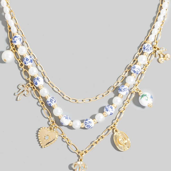 The Looks by Fame Accessories - Wholesale Pendant/Charm Necklace - Western Heart Charms Floral Ceramic Beaded Necklace