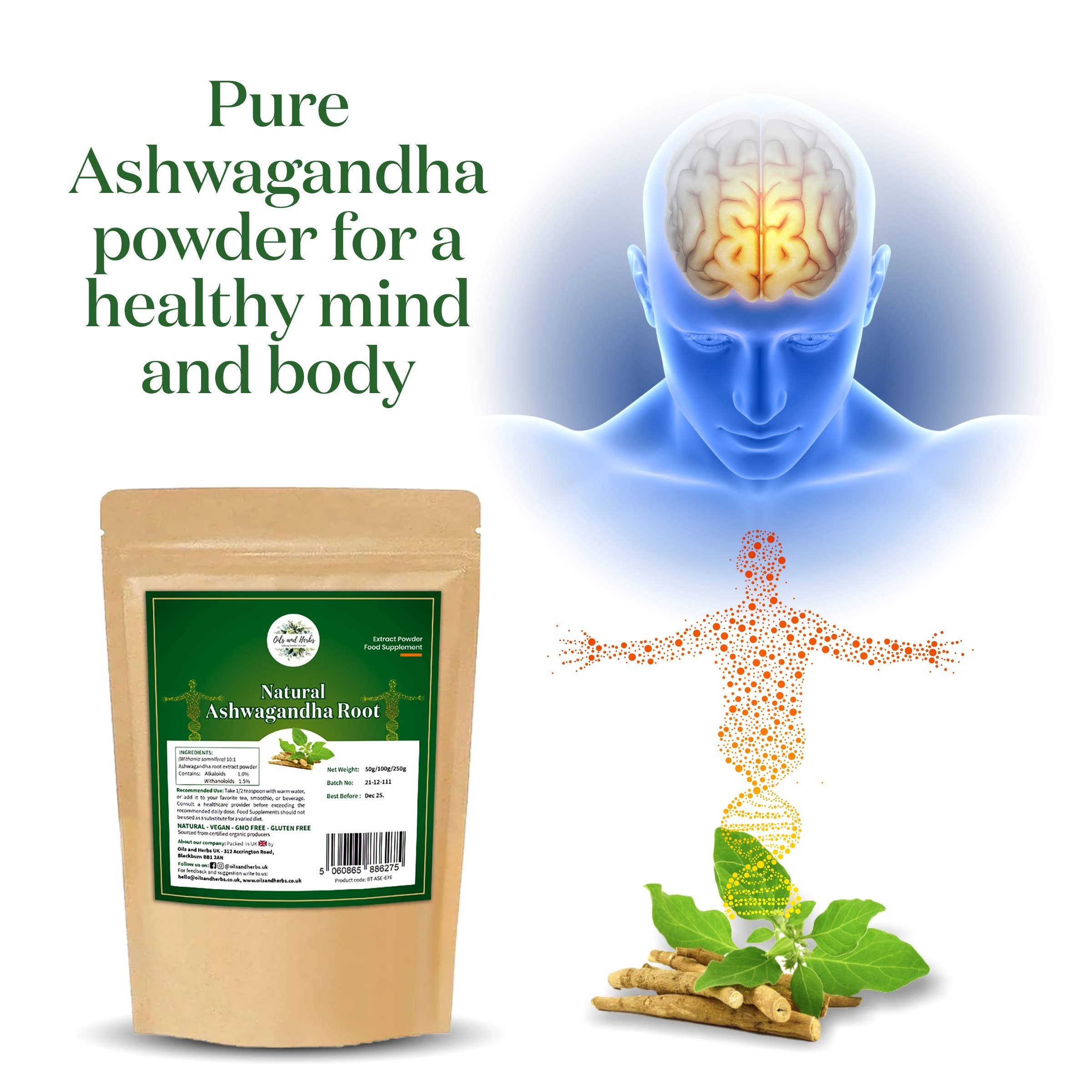 Oils and Herbs UK – Engroshandel Protein-/superfoodpulver – Økologisk ashwagandhapulver - 100 % rent3