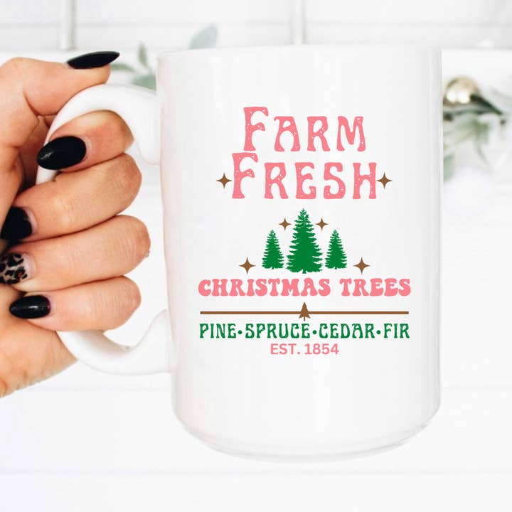 15oz Kaffeetasse, Farm Fresh Christmas Tree, Feiertagstasse für den Großhandel von Boho Sips