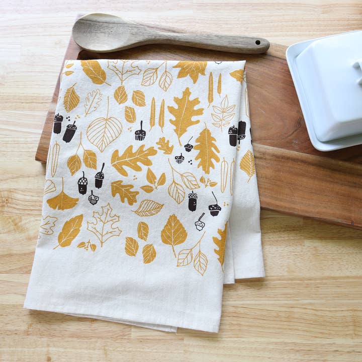 *NEW* Autumn Leaves and Acorns Kitchen Towel, Handprinted for wholesale by The High Fiber