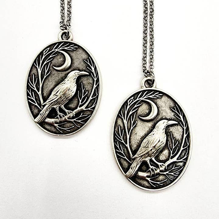MergingMetals - Wholesale Pendant/charm necklace - Raven and Crescent Moon Antique Silver Pendant Necklace1