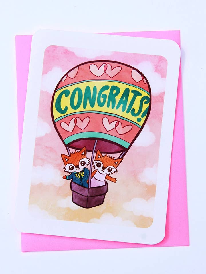 Fox in Balloon Wedding Congratulations Card for wholesale by My Zoetrope