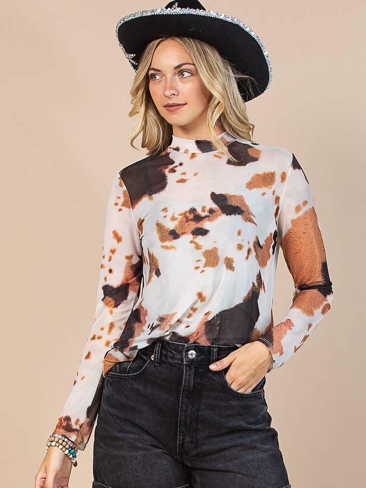 AV1230-LEILA COW PRINT SEMI SHEER MESH TOP for wholesale by Avery