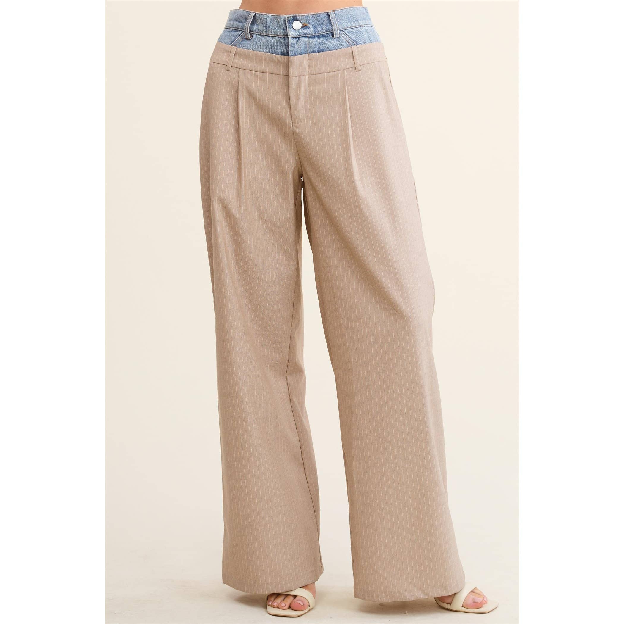 BEIGE Denim Waistband Contrast Stripe Wide Leg Trousers MB5057  for wholesale on Faire15