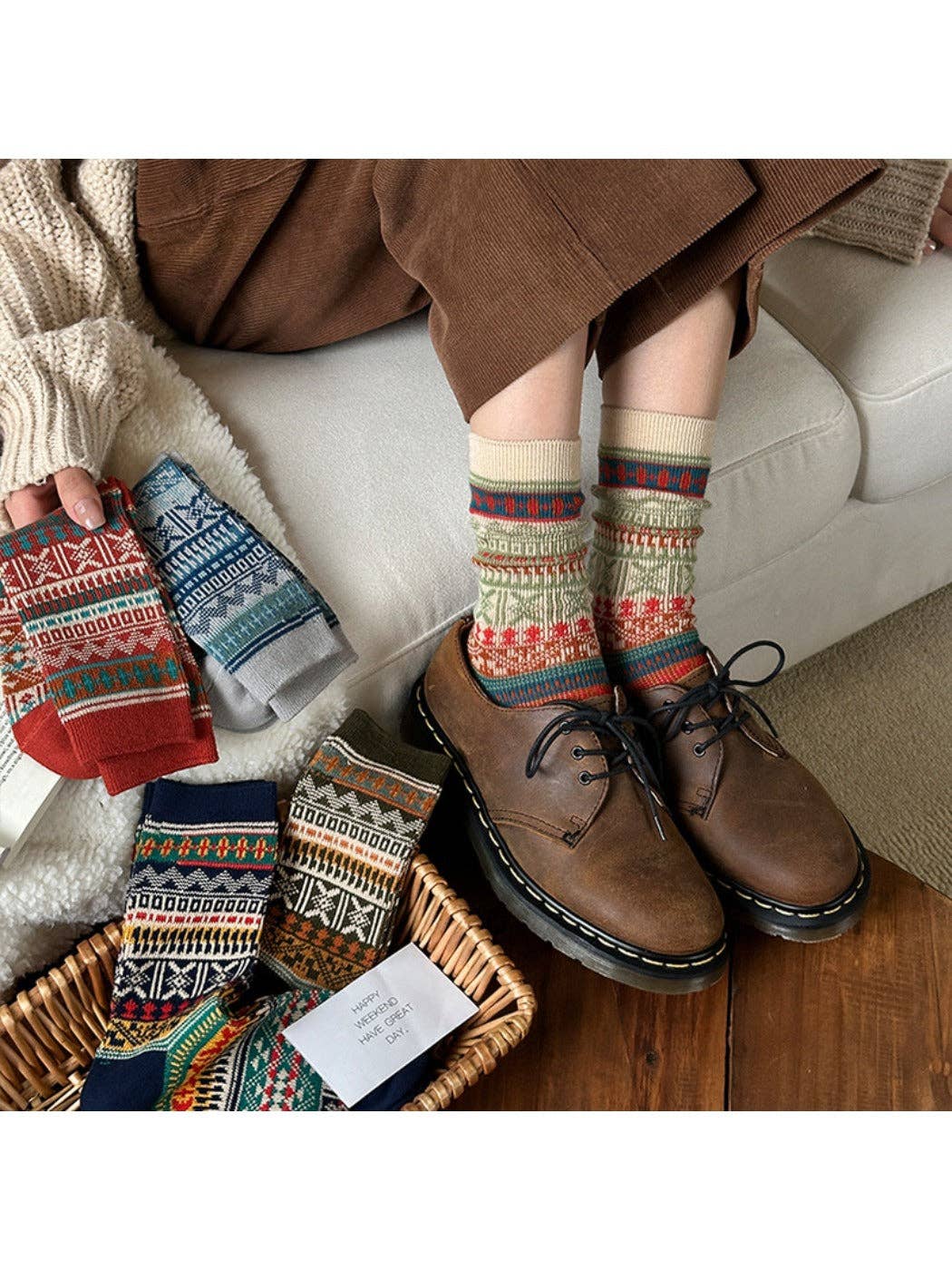 Funkyrel® Atzbranding Limited - Wholesale Socks - Women's - Rufia - Vintage Geometric Pattern Women's Mid-Calf Socks6