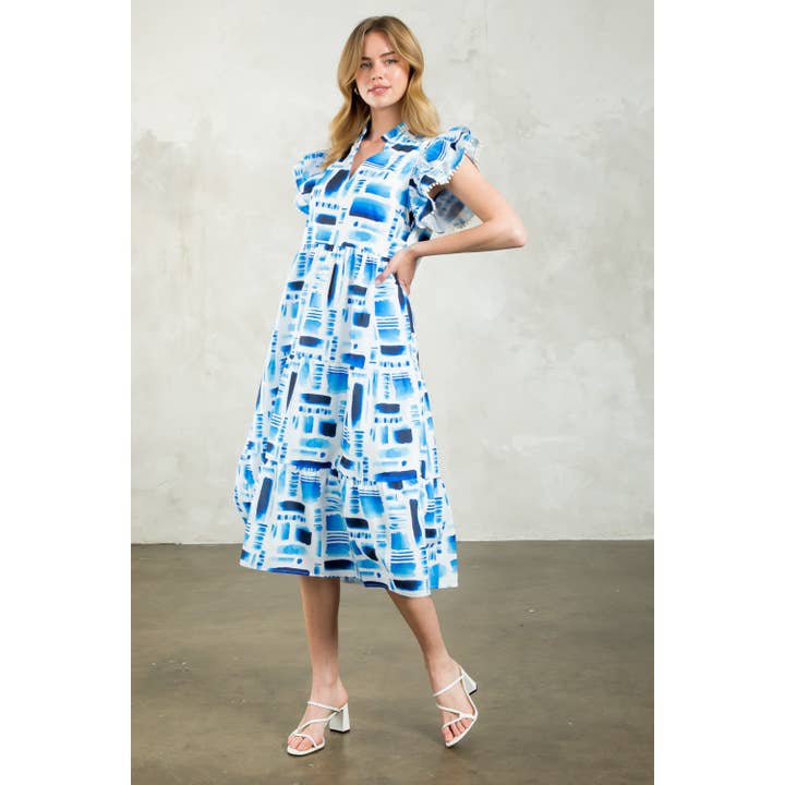Flutter Sleeve Print Tiered Midi Dress for wholesale by THML