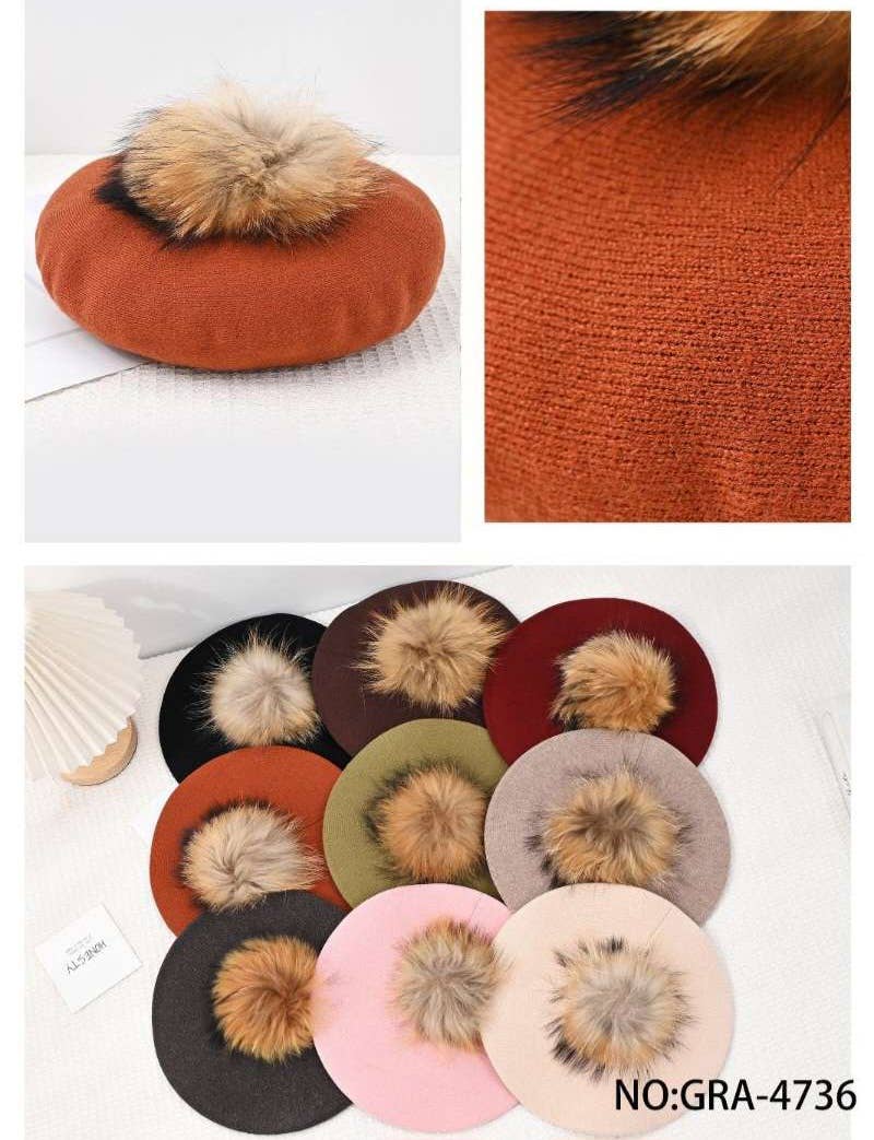 Nola by bijusol – Engroshandel Baret - Dame – Uldberet med naturlig pelskvast – GRA47360