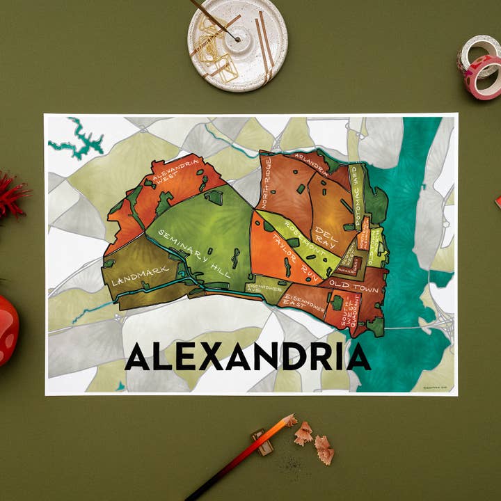 Alexandria Neighborhoods Map Art Print for wholesale by Terratorie Maps + Goods