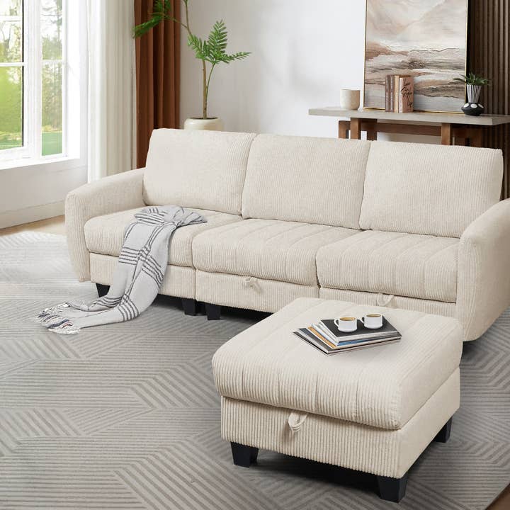 Corduroy Modular Storage Sofa with Ottoman (White/Gray) for wholesale by 39F Inc.