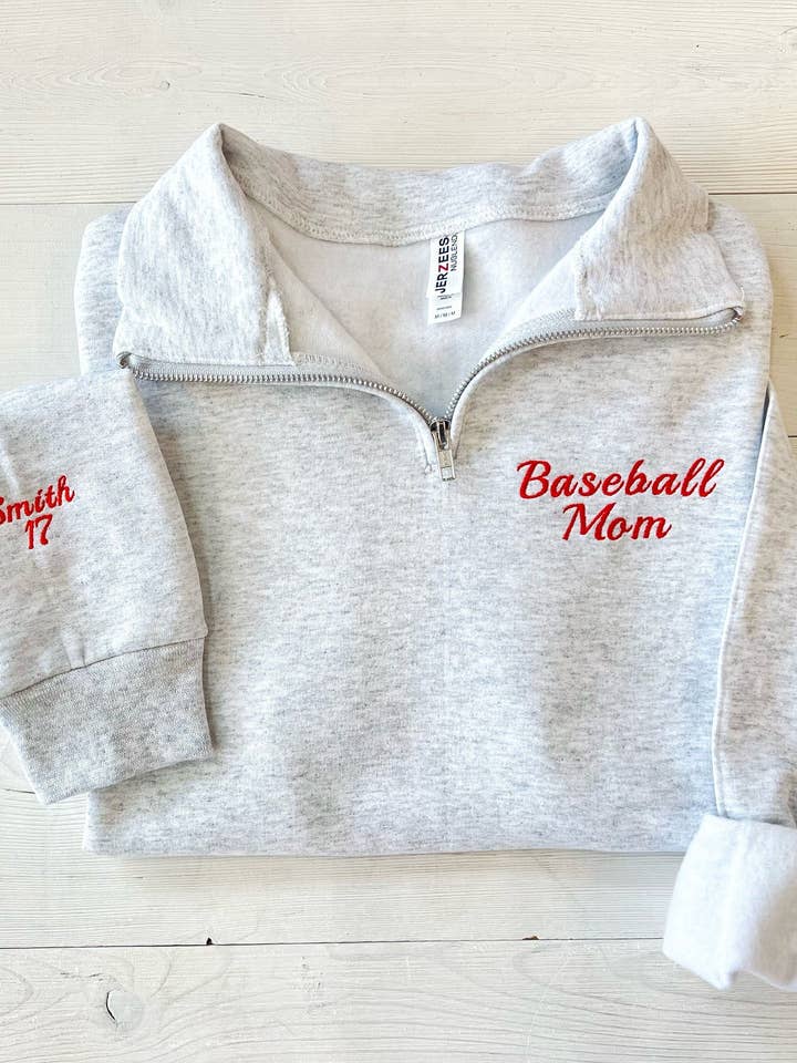 Light Gray Embroidered Custom Baseball Mom Quarter Zip Pullover for wholesale on Faire0