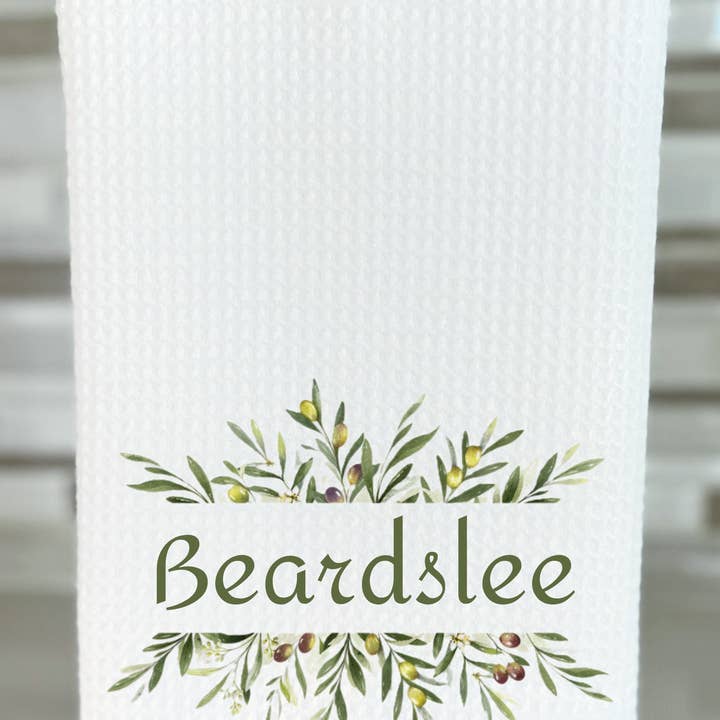Cottage & Club - Wholesale Tea towel - Personalized Olive Branch Tea Towels - Set of Two with Family Name and Monogram6