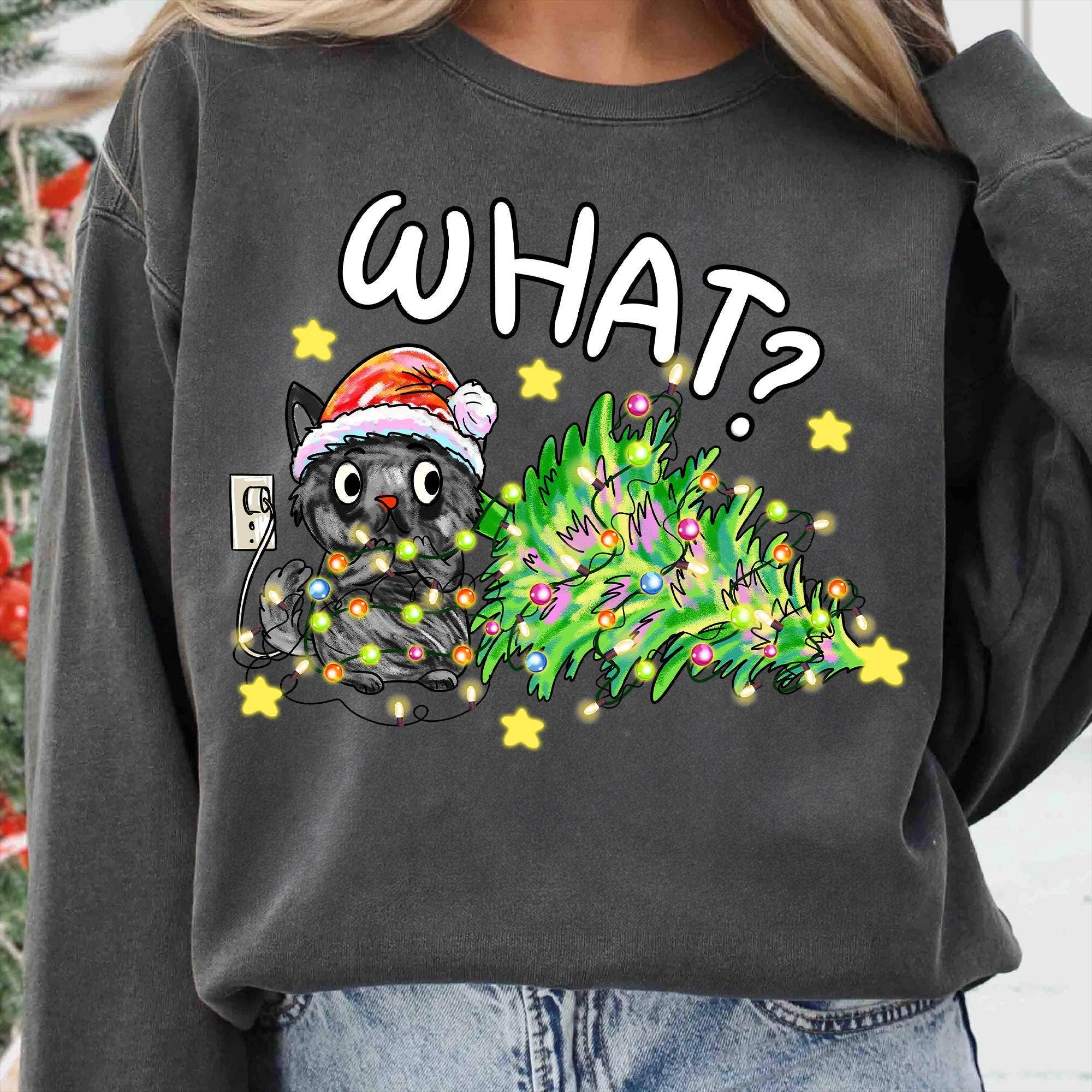 NVC Ecommerce LLC - Wholesale T-Shirt (Graphic) - Women's - Funny Christmas Cat Shirt, What Black Cat Santa Sweatshirt4