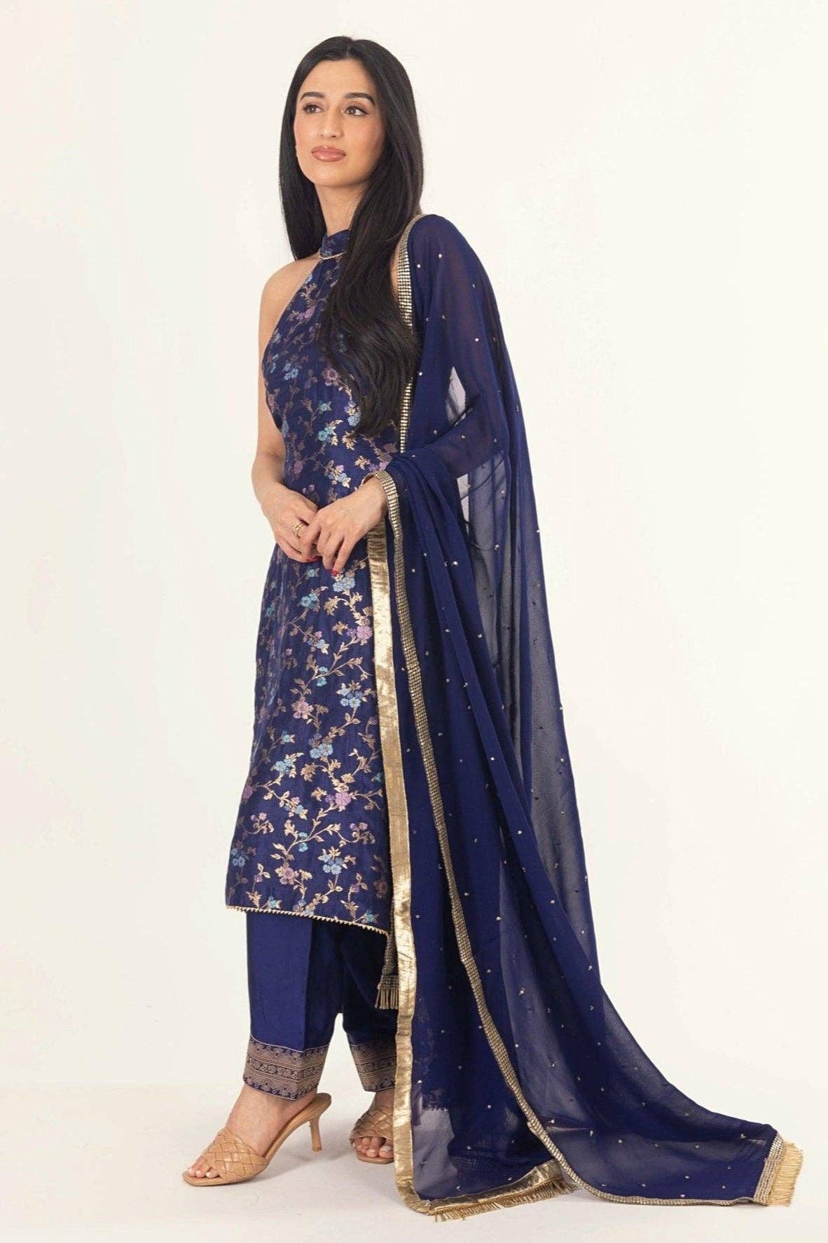 Navy Lazuli Blue Banarasi Silk Salwar Kameez Set with Halter Neck for wholesale on Faire4