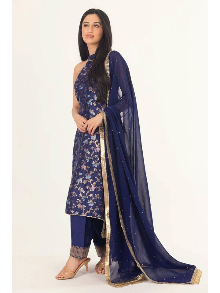 Navy Lazuli Blue Banarasi Silk Salwar Kameez Set with Halter Neck for wholesale on Faire4