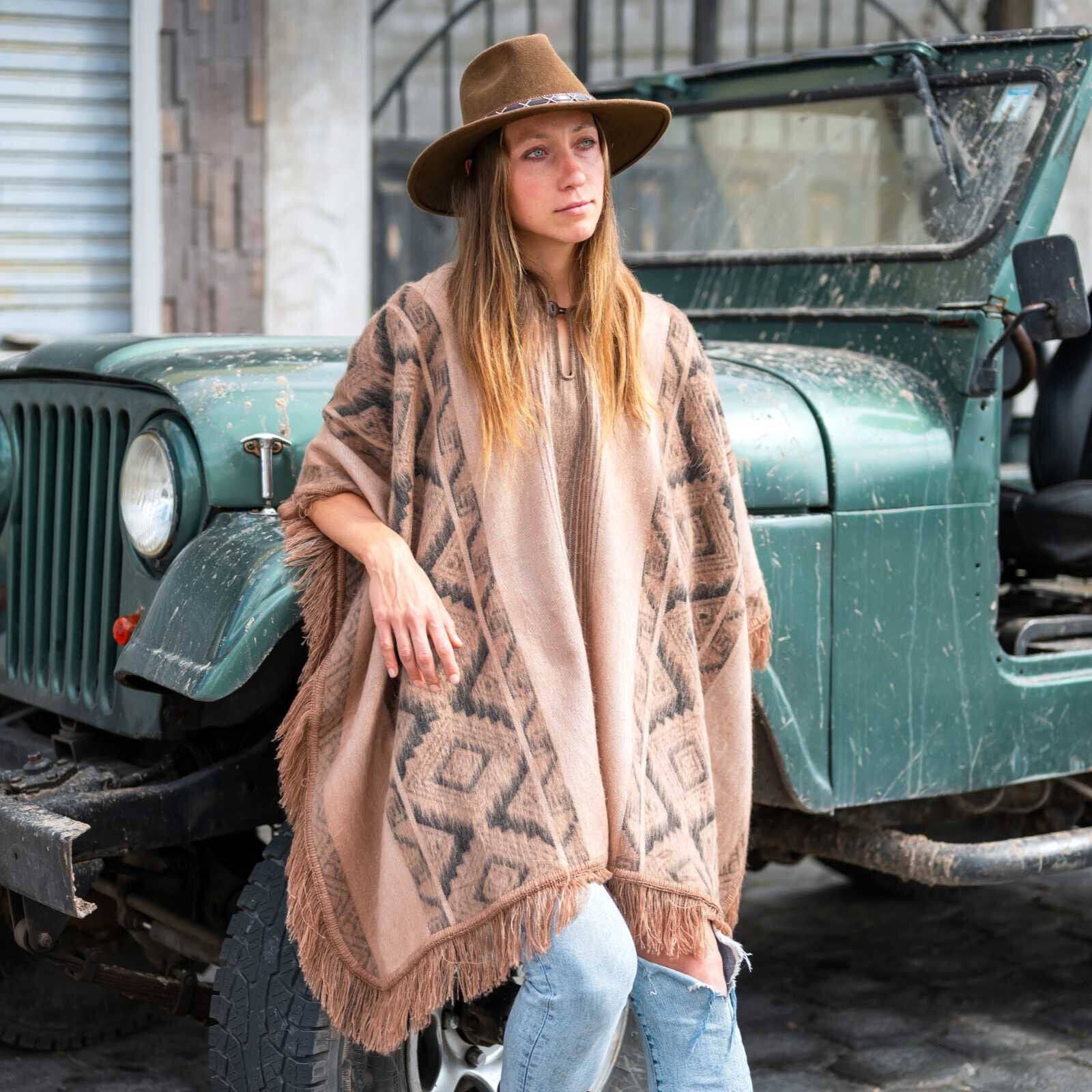 ECUALAMA – wholesale Poncho – Women's – Conambo - Lightweight Baby Alpaca Fringed Hooded Poncho - Taupe & Charcoal - Unisex2