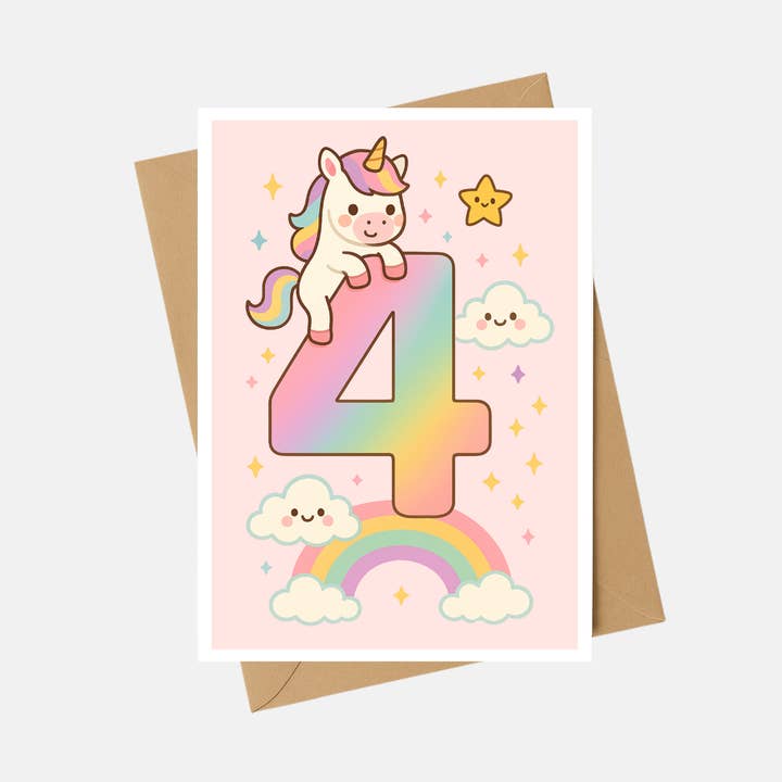 Cartão de Aniversário Infantil - Cartão de Aniversário de 4 Anos com Unicórnio - A6 por atacado de The Playful Press