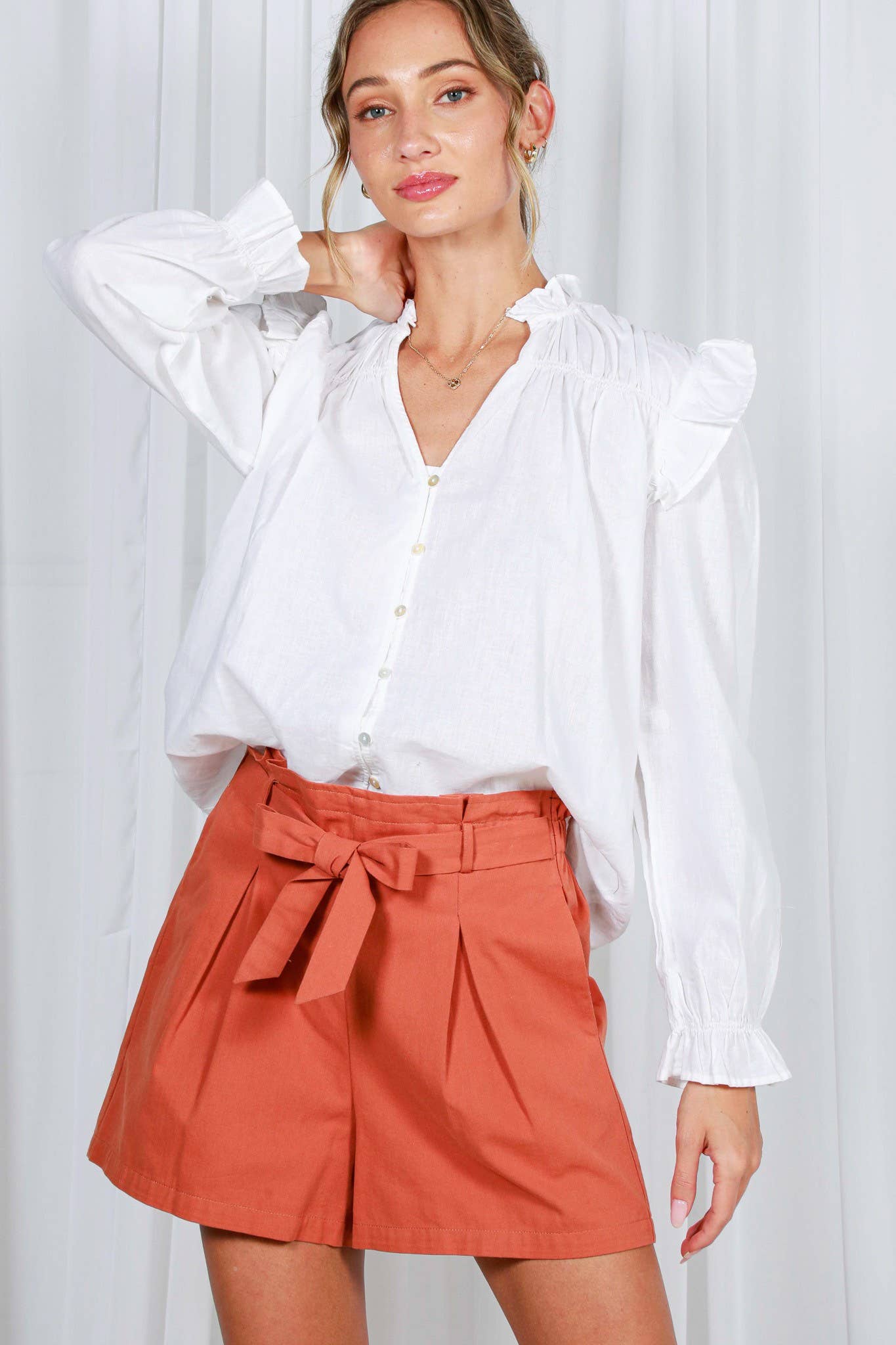 Vine & Love - Vente Chemisier – femme - Blouse à manches longues bouffantes avec col en V à volants 100 % coton VT823158