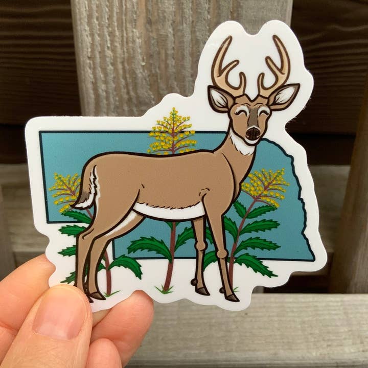 Sticker- Nebraska state White-Tailed Deer & Goldenrod flower for wholesale by Thruhalia's Art